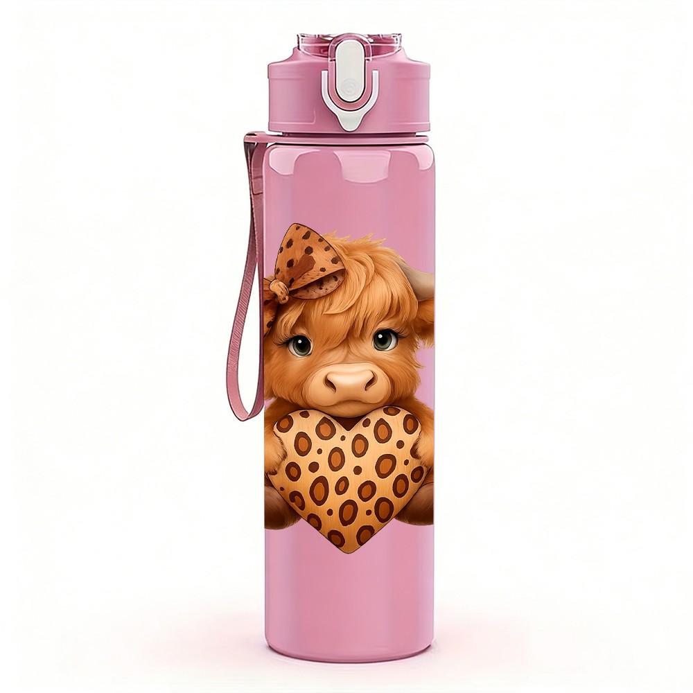 1PC Highland Cow Leopard Fur 750ml Color Plastic Sports Water Bottle Leakproof Flip Straw Lid Suitable for Sports Office Home Use