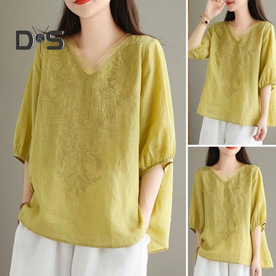 Women Summer Tops V-neck Half Sleeve Embroidery Pattern Pullover Tops Solid Color Loose Fit Commuting Style Tops