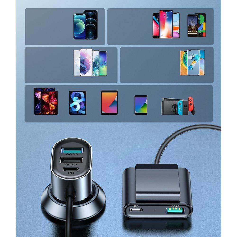 Joyroom High-Power 72W Dual Port Car Charger with 2xPD & 2xQC3.0, 1.5m USB-C Cable, Black Model JR-CL05