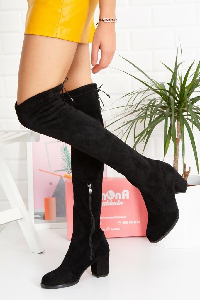 Женские современные стильные модные ботинки, ботинки из искусственной кожи, замши, черные замшевые эластичные носки, сапоги выше колена на толстом каблуке