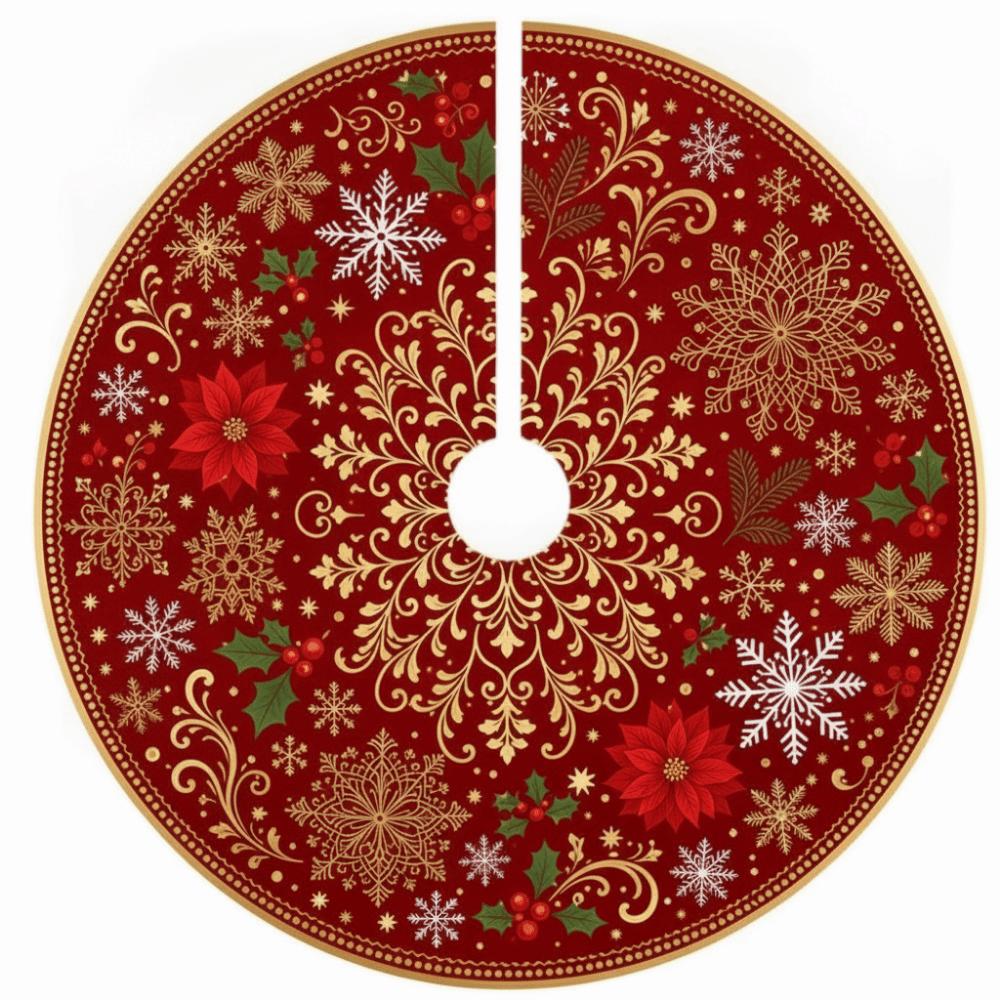 Santa Claus Christmas Tree Skirt Poinsettia Flower Christmas Decorations Holiday