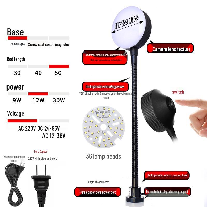 220V LED Work Light with Magnetic Base for Lathe, Punch Press, Injection Molding, and 24V Equipment
