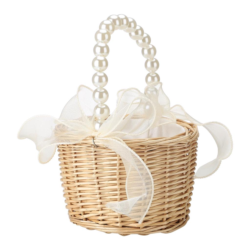 2pcs Pearl Carrying Basket Brown Rattan Small Pearl Handle Flower Basket for Wedding Gift Packaging