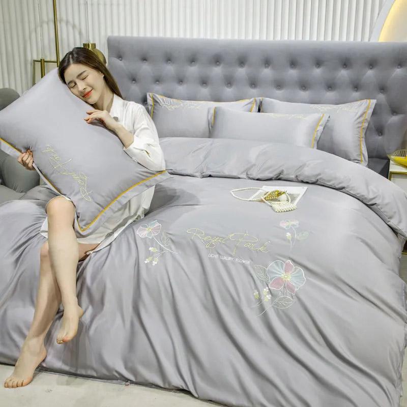 4pcs/set Spring and Summer Embroidery Ice Silk Four Piece Set Sheet Quilt Pillow Bedding Set Home Double Bed Bedspread Sets