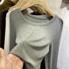 2025 A/W Women's Ribbed Long Sleeve Tee - Low Round Neck Clavicle Style, Solid Color, Versatile Top
