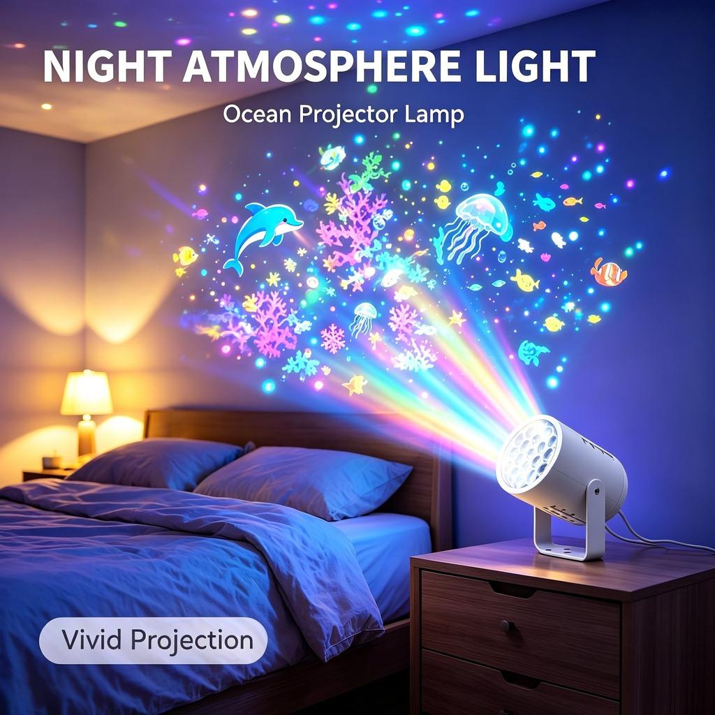 Usb Night Light Indoor Rotating Projection Night Light Led Projection Lamp Rotating Ocean Theme Projector Light For Home Bedside