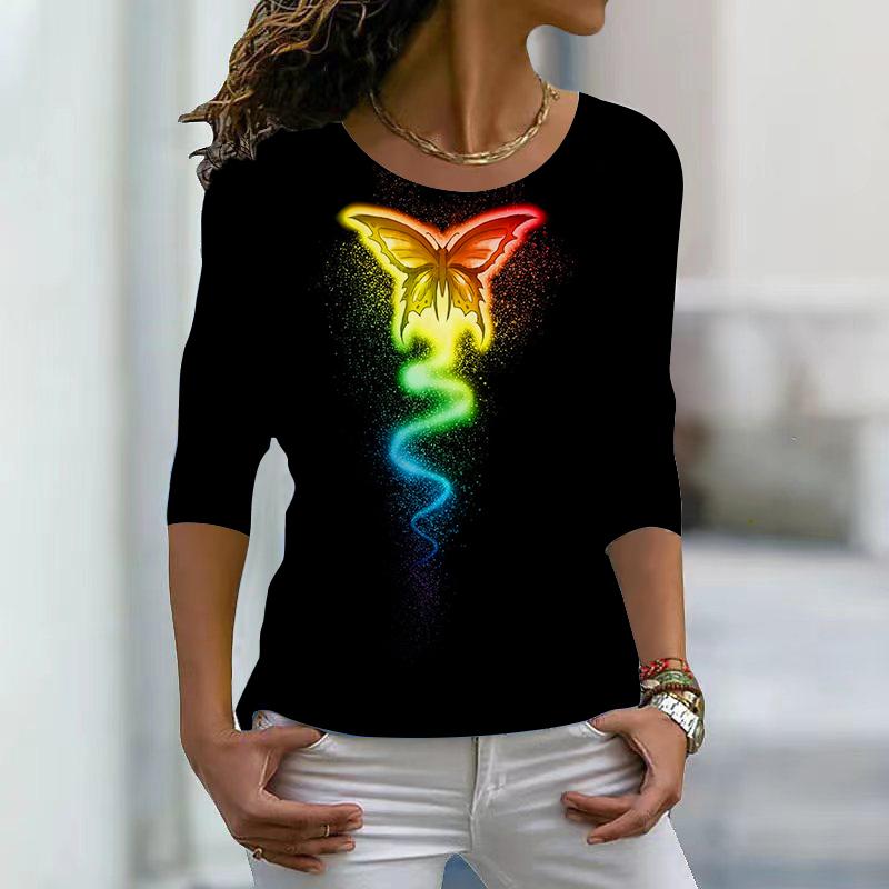 Женские осенние топы, свободные золотые полые бабочки с принтом, повседневная футболка с длинными рукавами, верхняя блузка