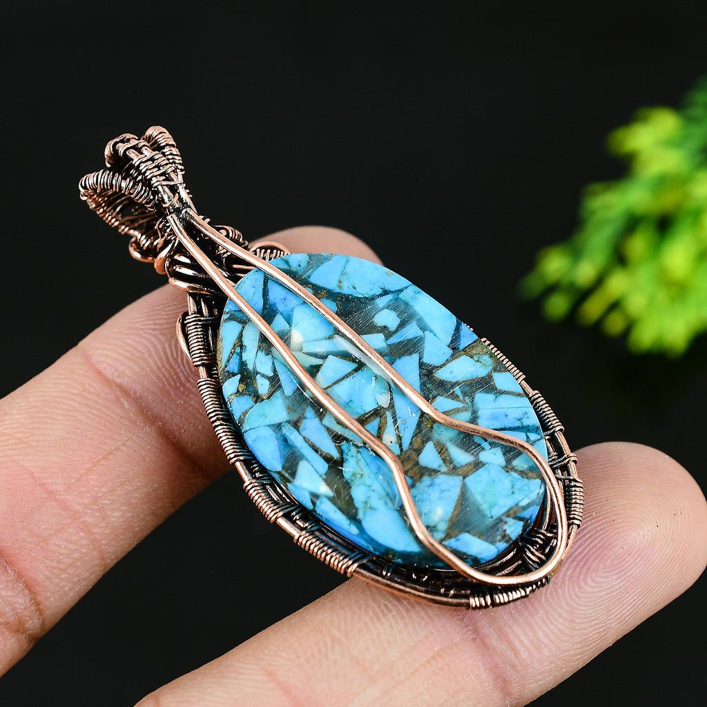 Natural Copper Blue Turquoise Gemstone Copper Wire Wrap Pendant 2.25 v1R54