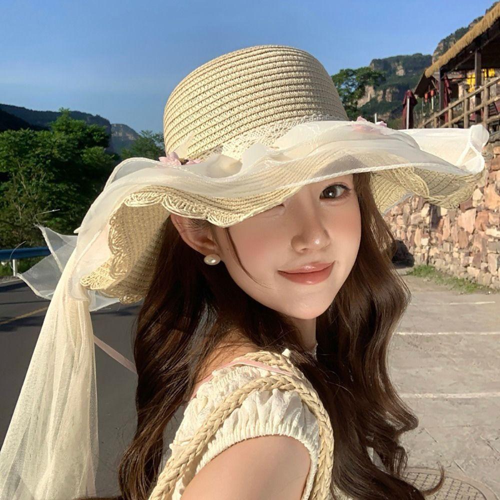 Flower Straw Hat Big Bowknot Wide Brim Hat Lolita Sun Protection Hat Seaside Vacation