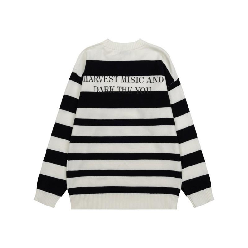 Mens Oversized Crewneck Knit Sweater With Colorblock Stripe Music Note Letter Print Casual Streetwear
