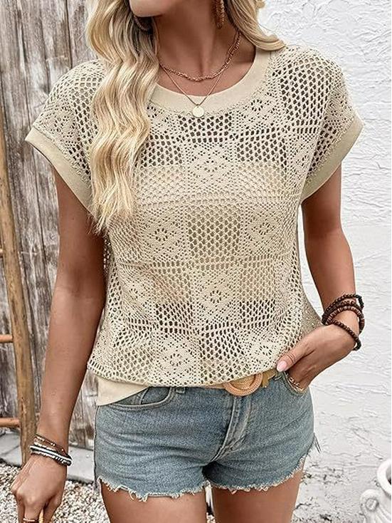 2026 Европейский и Американский Трансграничный Женский Летний Ажурный Топ с Круглым Вырезом в Стиле "Пряная Девушка"