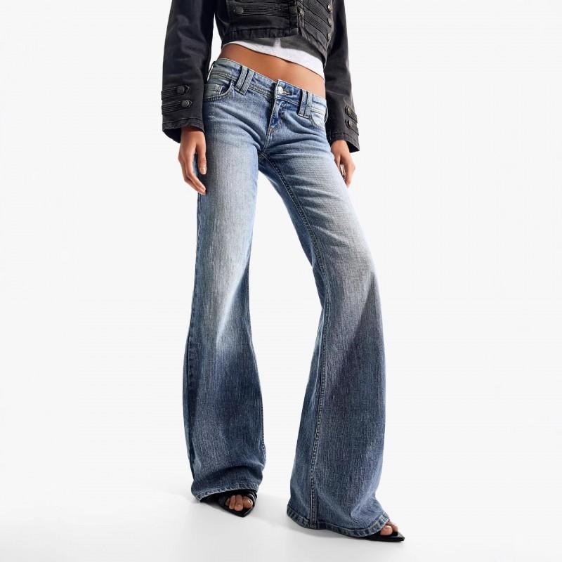 Womens Vintage Flared Jeans Low Waist Hot Drill Embroidery Denim Pants - Girls
