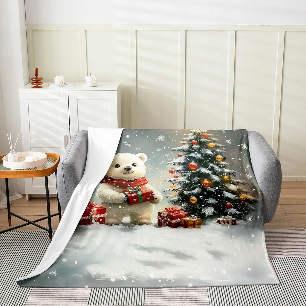Winter Snowman Throw Blanket Cartoon Farmhouse Rustic Style Flannel Blanket for Kids Teens Adults Watercolor Pine Trees White
