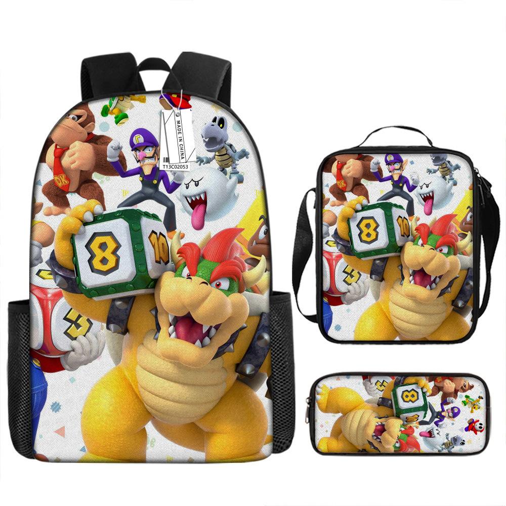 New Super Mario Trend Backpack Retro Mario Schoolbag 3-Piece Set with Pencil Case