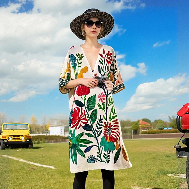 New Casual Printed Beach Dress, Loose Long Robe, Vacation V-neck Cotton and Linen Midskirt
