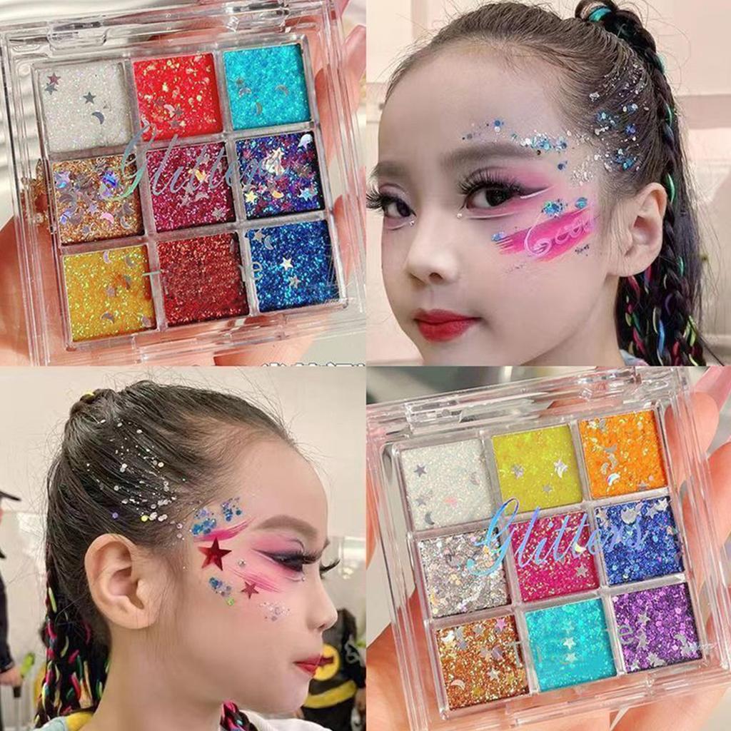 9-цветный гель, Цветные блестки, 9-цветные тени для век без клея, Сценический макияж для выступлений, Крупные блестки, Суперсияющие.