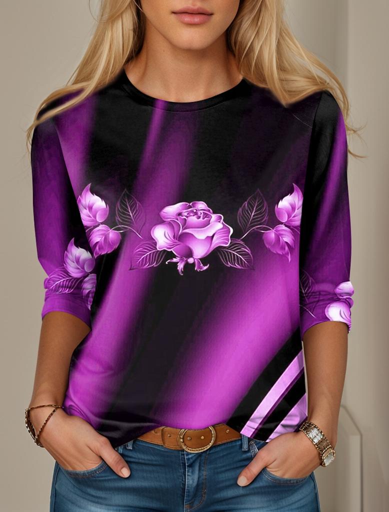 Женская футболка с цветочным принтом, красный, синий, фиолетовый, топы с длинным рукавом, модные на выходные, с круглым вырезом, стандартный крой, весна и осень