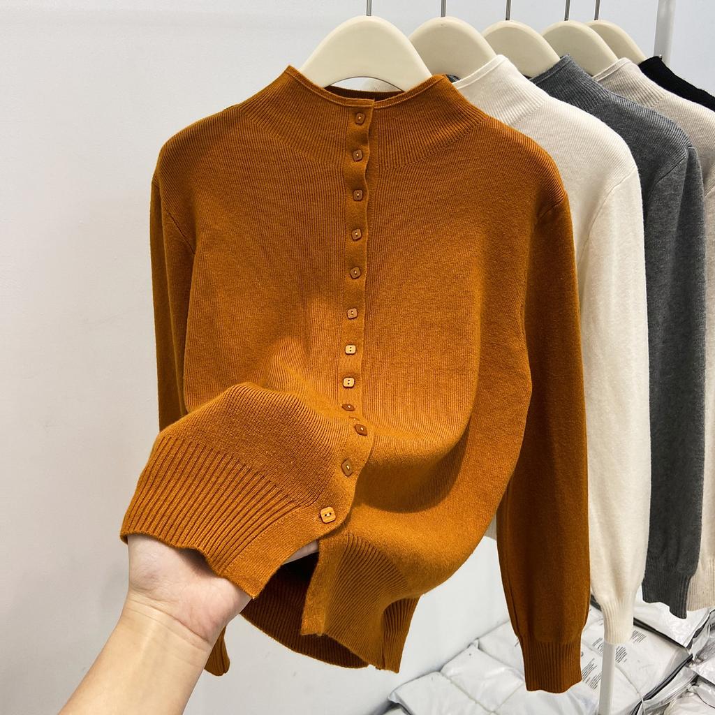 Премиальный серый осенне-зимний многослойный свитер с полувысоким воротом и длинными рукавами, ленивый стиль, свободный повседневный вязаный кардиган, топ, женский наряд