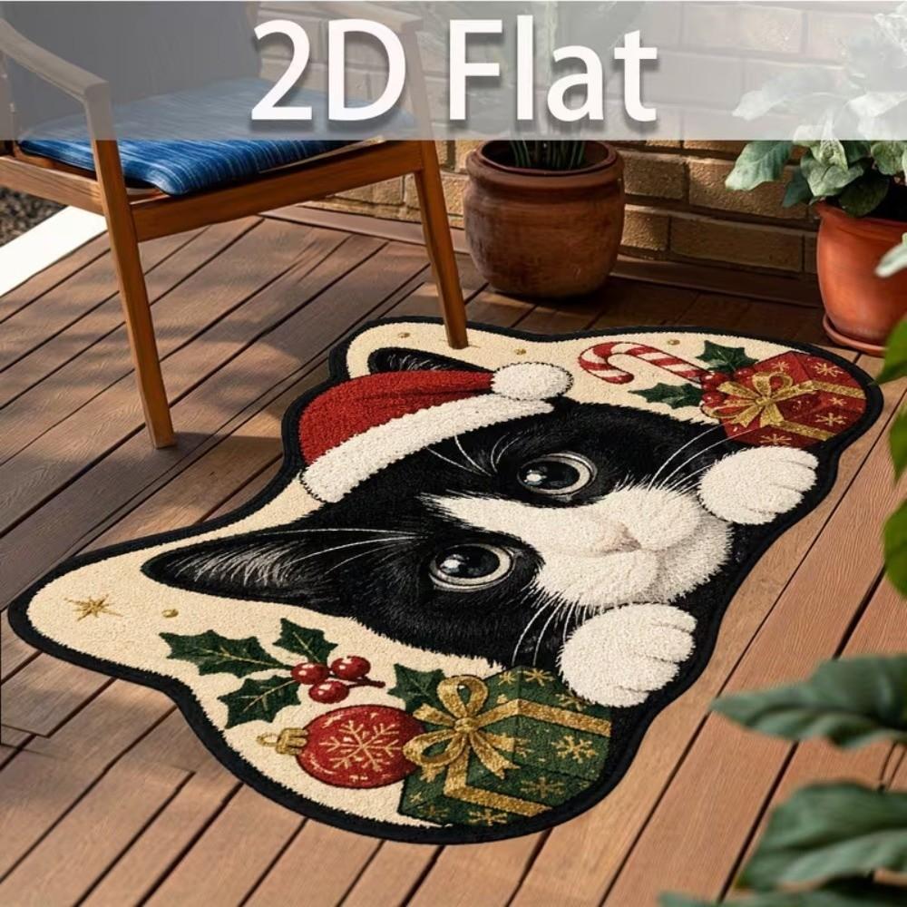 Anti-fouling Cat Area Rug Non-Slip Floor Mat Unique Cartoon Carpet Merry Christmas