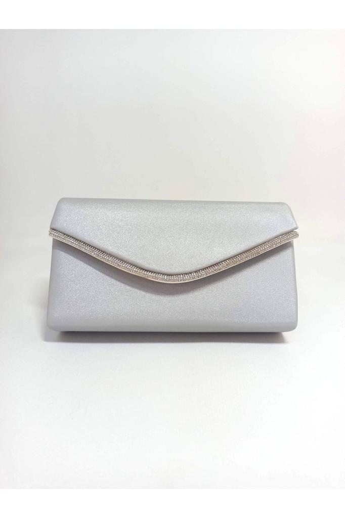 Women's Stylish and Useful Evening Dress Bag Women's Silver Satin Evening Dress Bag with Silver Stone Detail