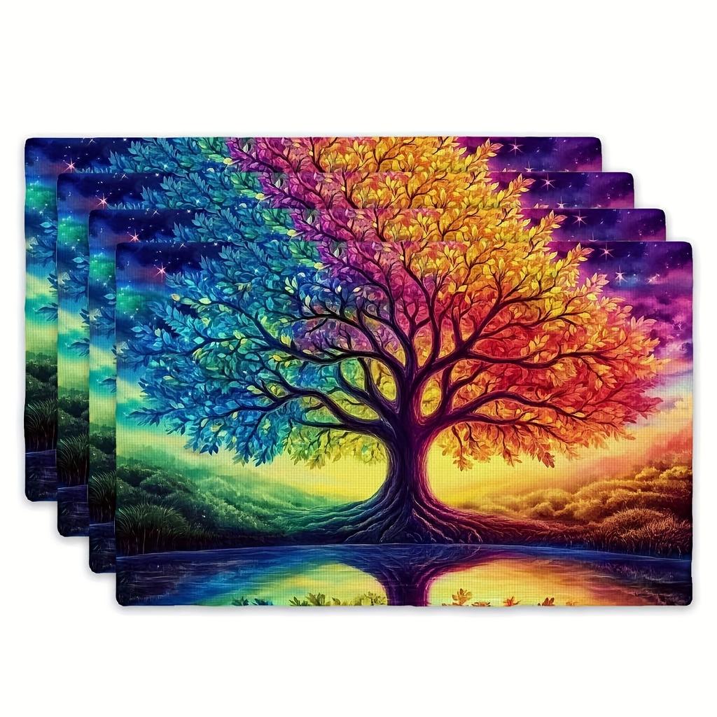 4pc s Set Dining Table Placemats 12x18 Inches - Rainbow Tree Fantasy Scenery, for Holiday Gatherings Camping Travel Country Kitch
