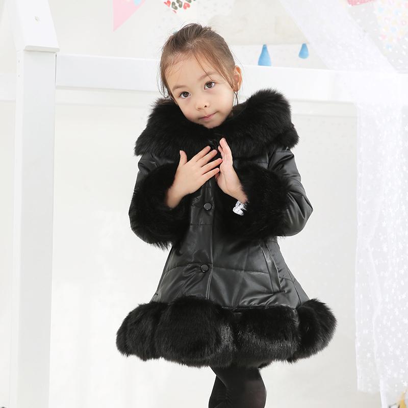 YUBAOBEI Christmas Winter Thick Warm Girls Leather Jacket Kids Soild Color Plush Stand Collar Hooded Coat