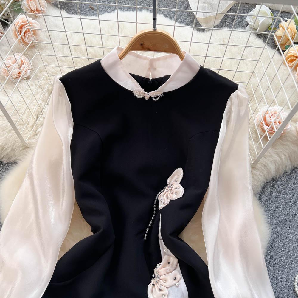 Spring Autumn Celebrity Vintage Cheongsam Pencil Dress Women's New Fashion Long Sleeve Mesh Patchwork Elegant Beading Bow Party Dresses