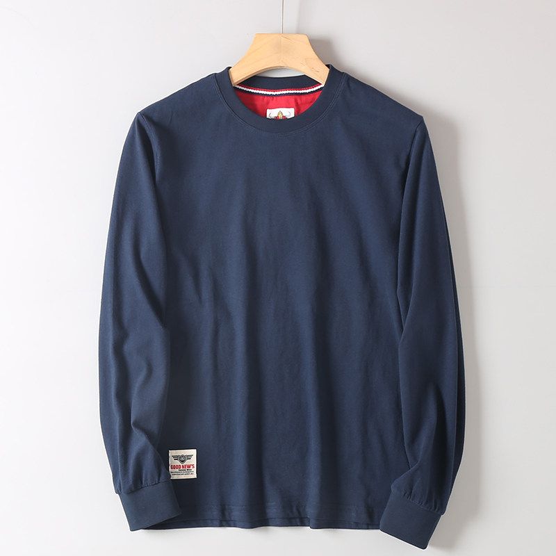 Export Surplus Cotton Round-Neck Solid Color Long-Sleeve T-Shirt for Men, Washed and Brushed, Hk Cut Label, Comfortable Base Layer Shirt