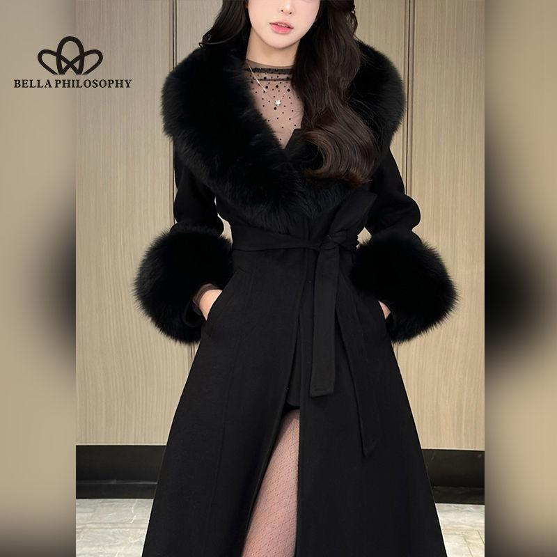 Premium Lace-up Medium-length Coat Women Winter New Waisted Black Tweed Jacket Casual Style Long Coat