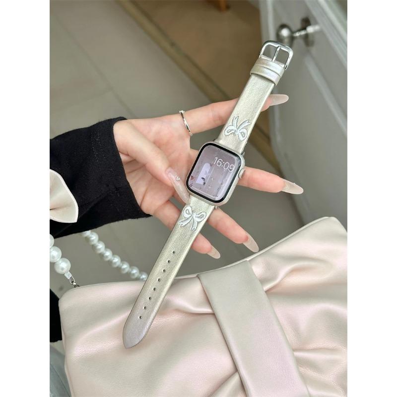 Ремешок для часов с милой вышивкой бантом Aurora кожаный ремешок для Apple Watch ремешок 8 49 9 7 SE 6 для iWatch 45 42 44 40 MM Girl Lovely Bracelet