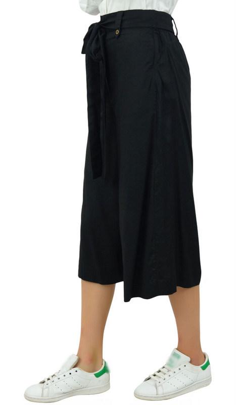 Bimba Женские брюки-капри из искусственного шелка с широкими штанинами, повседневные летние брюки с резинкой сзади и поясом, черные -