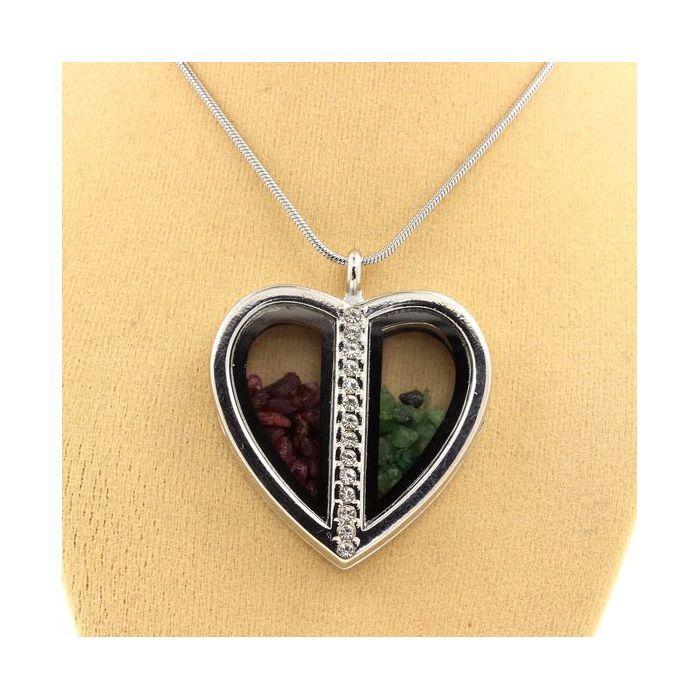 Pierres et Minéraux. Collier Rubis + Grenat Tsavorite brut. Modèle coeur..
