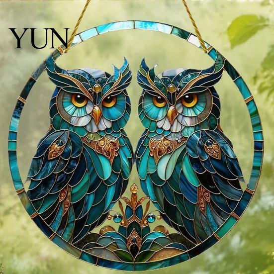 Home Window Decor Double Owl Suncatcher Hanging Ornament, Stained Glass Style Circular Wall Elegant Bird Decor, Green Art for Porch Garden Decoration