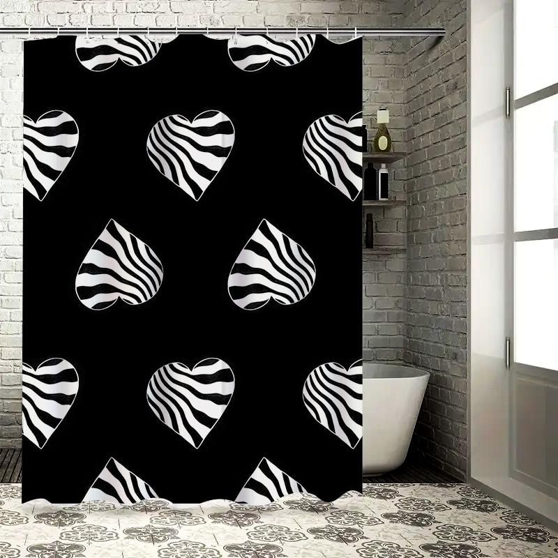 Black White Heart Pattern Shower Curtain Zebra Print Waterproof Fabric for Bathroom Decor Size72 x 84 inches (183cm x 213cm)