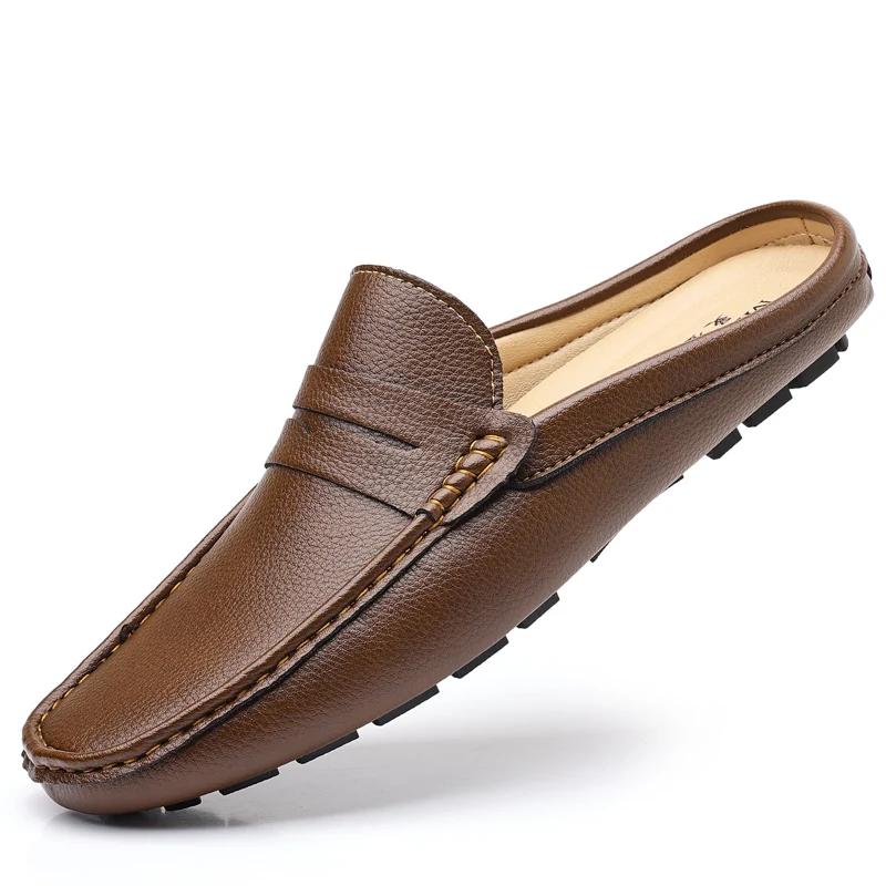 Men's Summer Genuine Leather Loafers Soft Comfortable Flat Casual Slip On Shoes Breathable Half Slippers