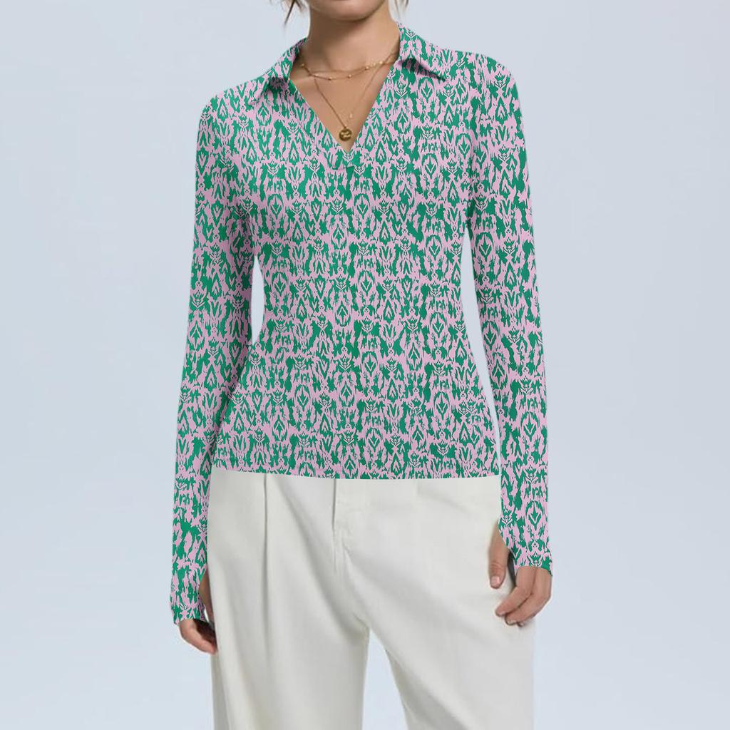 Women's Fashion Casual Print V-Neck Long Sleeve Button-Down Top