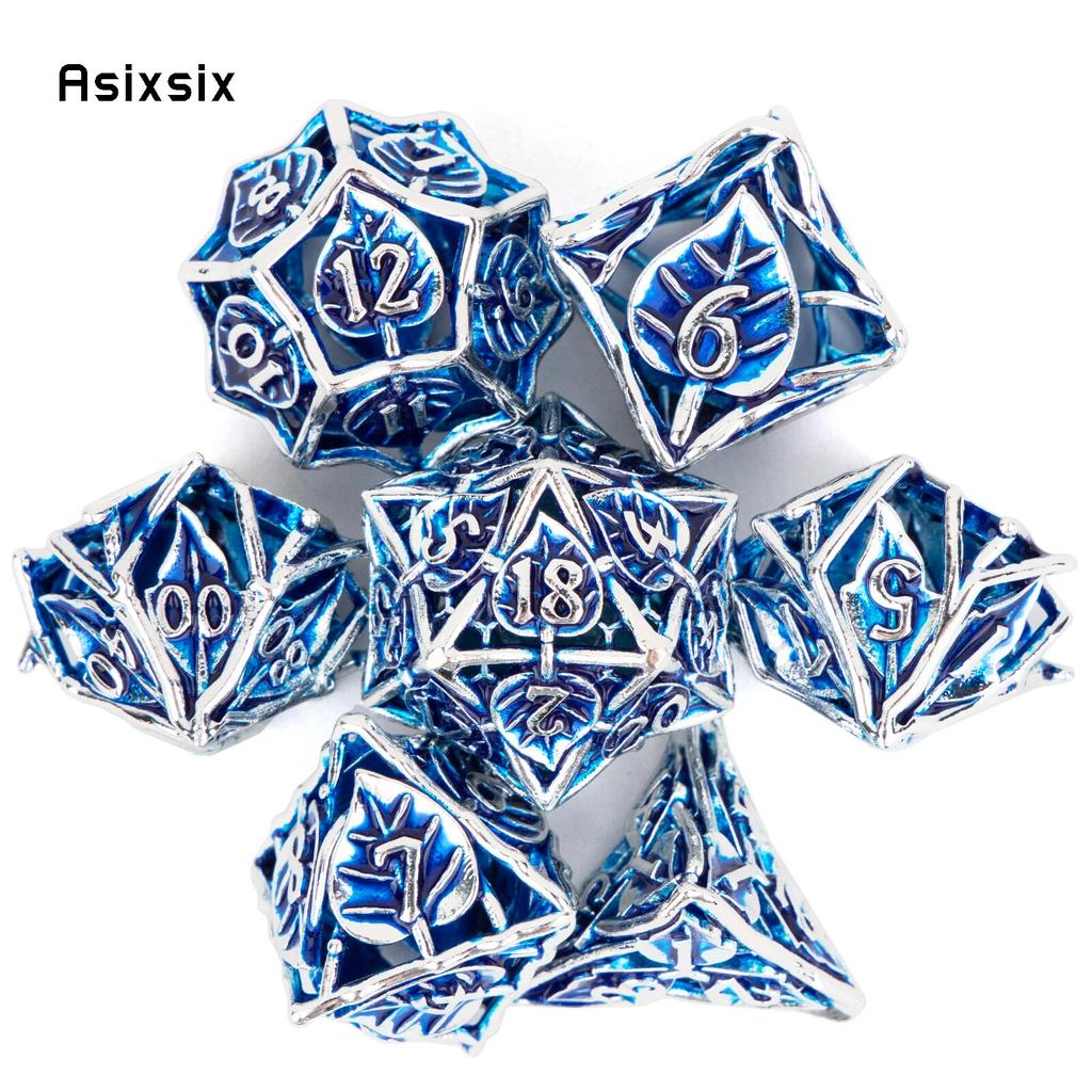 7 Pcs Blue Leaf Flower Metal Dice Hollow Metal Polyhedral Dice Set Suitable for Role-Playing RPG Board Game Card Game