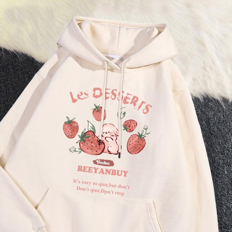 Cute Strawberry And Rabbit Printed Sweatshirt Pocket Soft Warm Breathable Pullover Autumn Winter Hoody