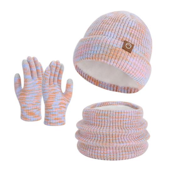 3Pcs/Set Winter Hat Scarf Gloves Set Thickened Velvet Lining Colorful Elastic Fit Knitting Hat Neck Warmer Gloves Set