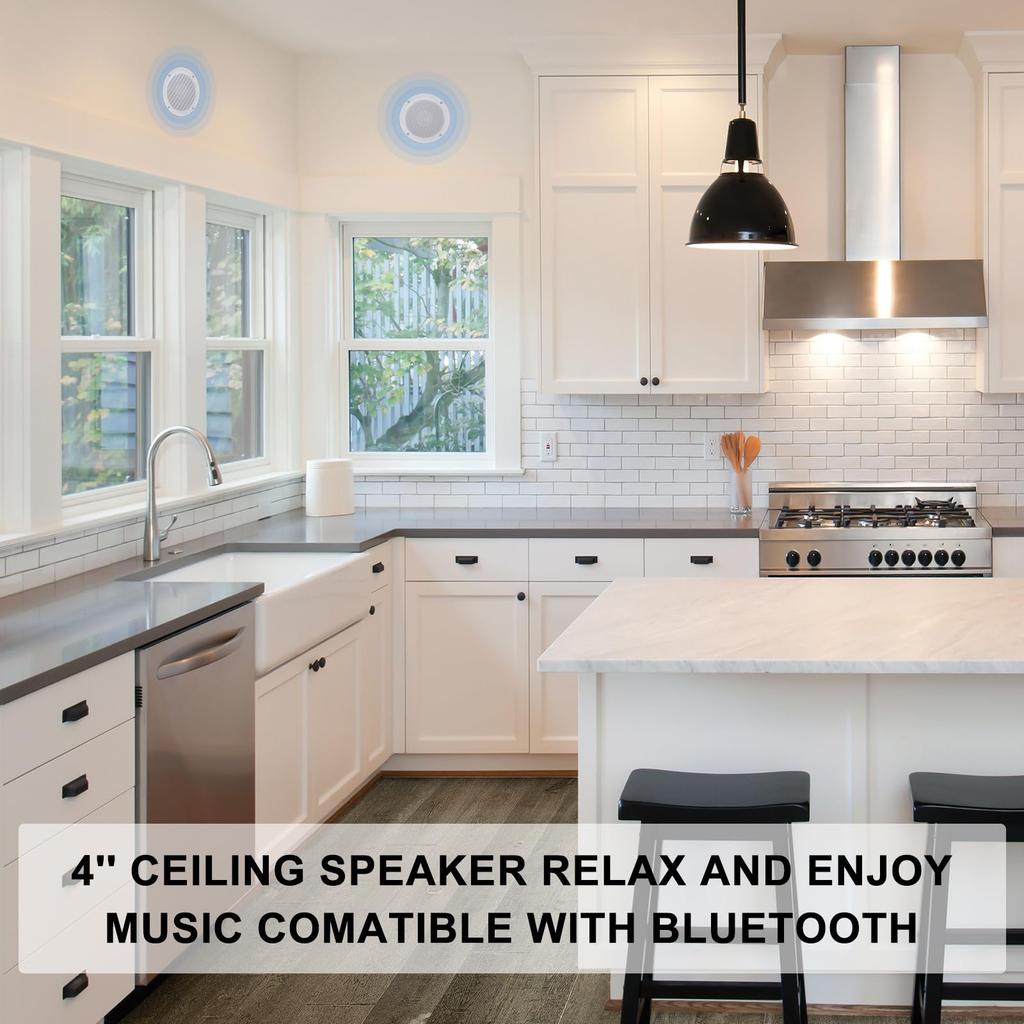 Herdio 160W Bluetooth 4 Inch Recessed Ceiling Speaker Kit Amplifier Waterproof Ceiling Speaker Bathroom Kitchen Home Outdoor