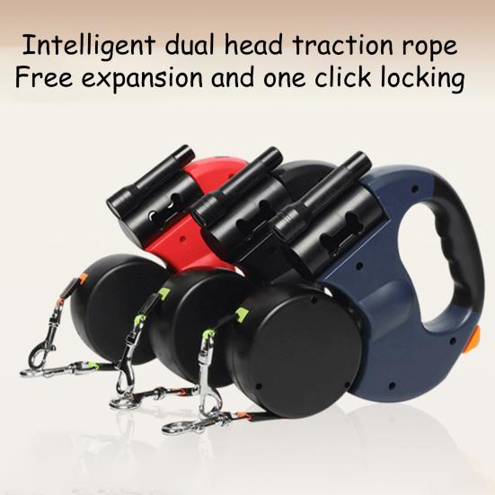 Двойной выдвижной поводок для собак Сверхпрочный Двуглавый поводок для собак с вращающимся на 360 градусов вертлюгом и светодиодной подсветкой для маленьких, средних и крупных собак