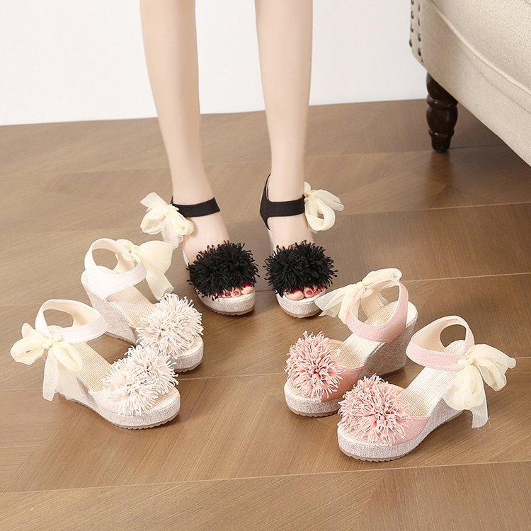 2025 лето новые босоножки на платформе женские бохо танкетка кружева рыбий рот бант босоножки женские