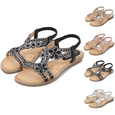 Летние женские сандалии на плоской подошве с блестящими цветами и кристаллами, пляжная повседневная обувь