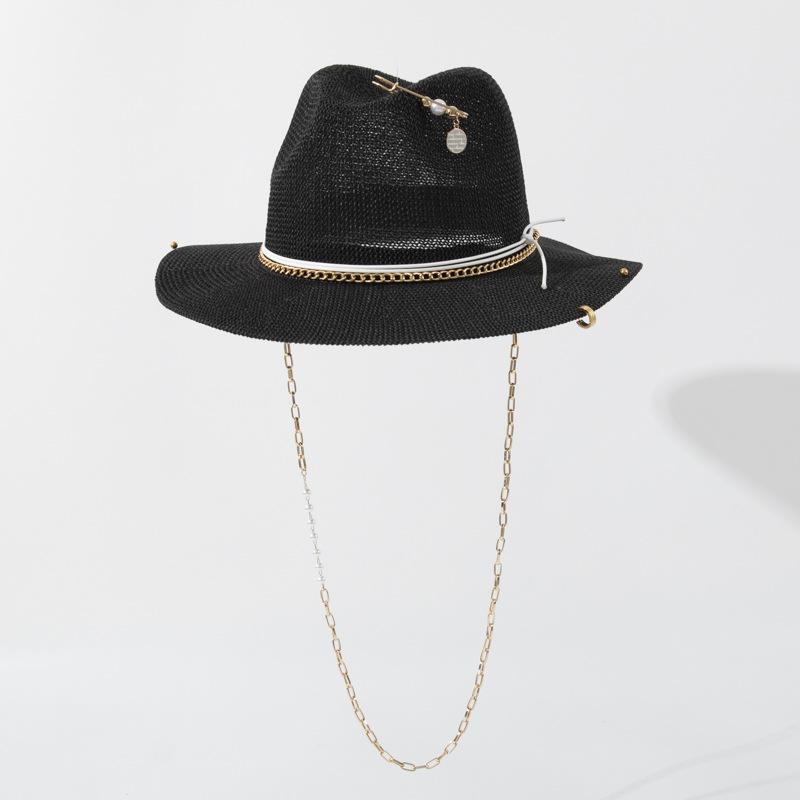 Cross Border Fashion Chain Sun Hat for Women, Panama Straw Hat with Metal Chain, Vacation Beach Sun Cap