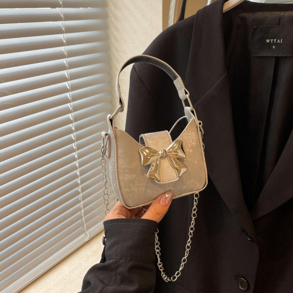 Handbag Bow Buckle PU Bag Pu Leather Women's Shoulder Bag Casual Silver Bucket Bag Storage phone