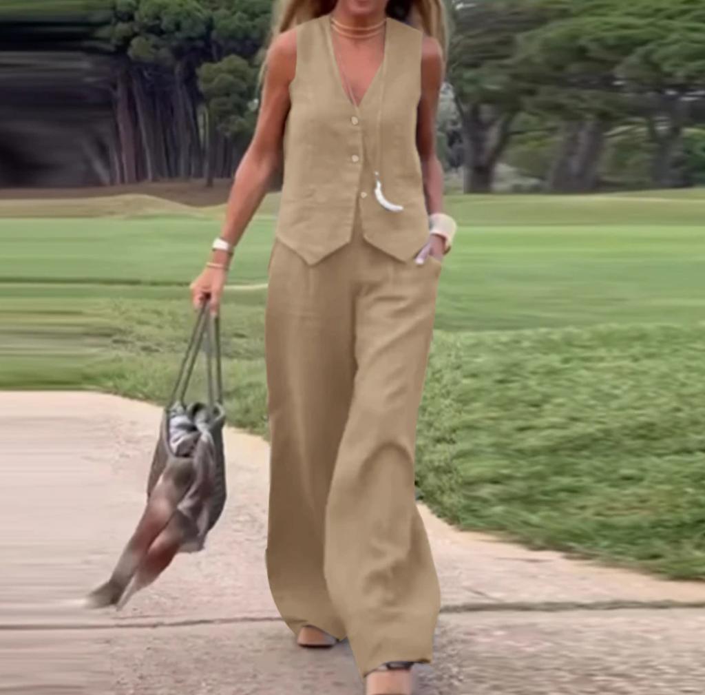 Повседневная повседневная одежда, женский жилет без рукавов и брюки, комплект из двух предметов