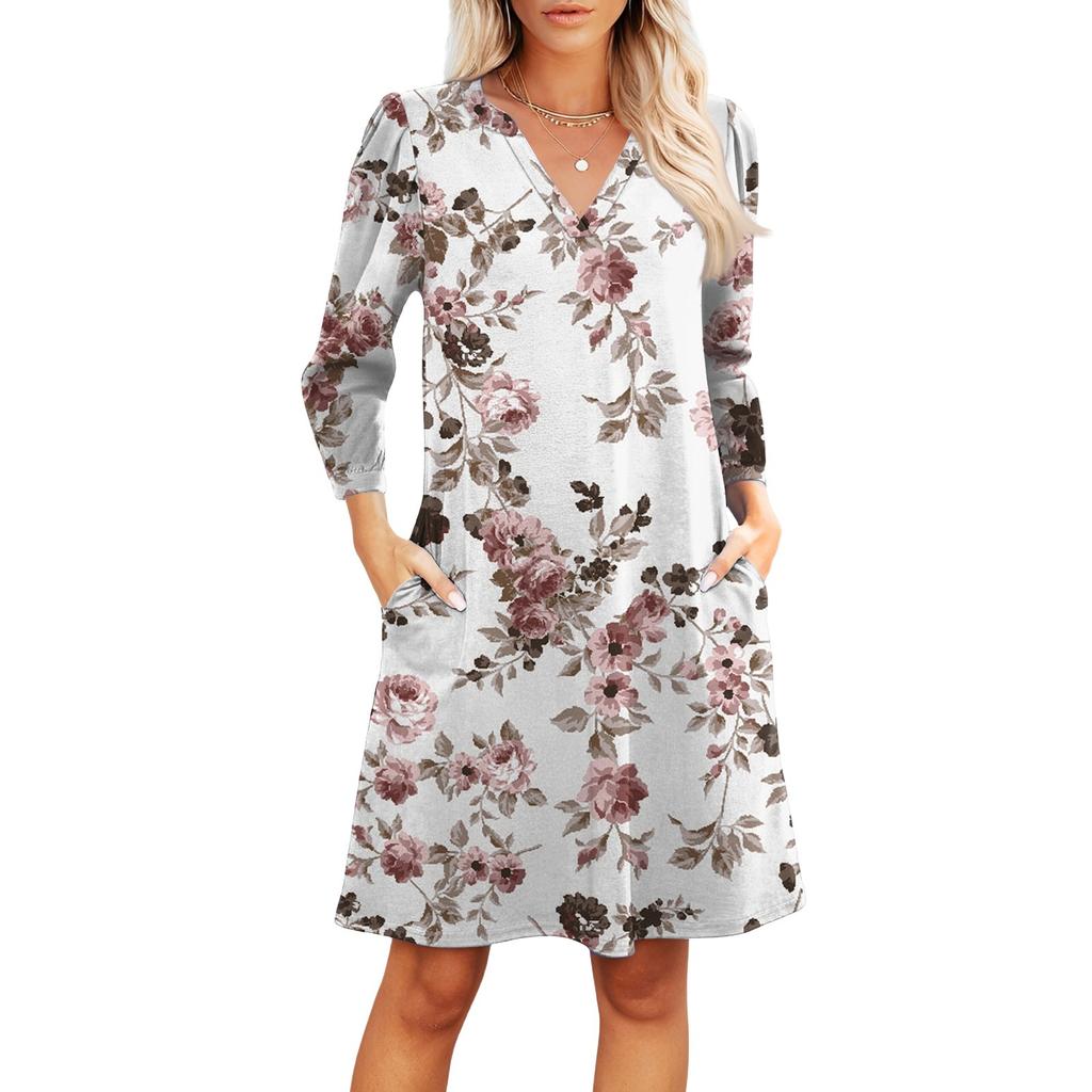 Женское модное платье с V-образным вырезом, повседневное пляжное платье с рукавами три четверти и цветочным принтом