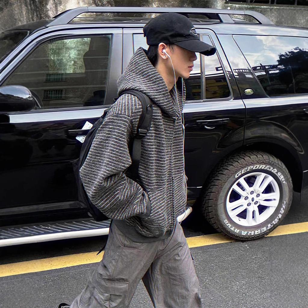 Черно-белый полосатый кардиган с капюшоном, мужской, осенний, с чувством дизайна, в стиле «маленький ароматный ветер», уличный, на молнии