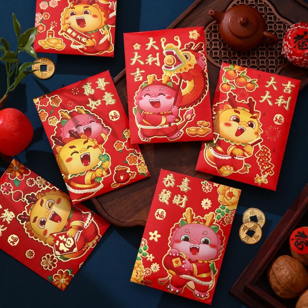 6Pcs Embossed Dragon Year Hongbao Profit Is Sealed Red Envelope Three-Dimensional Chinese New Year