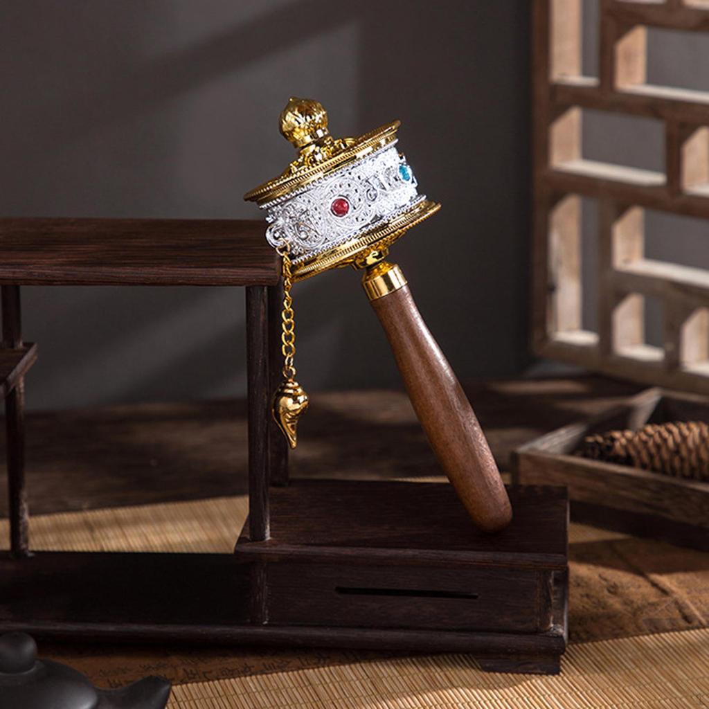 Ручное молитвенное колесо с деревянной ручкой, буддийское украшение с высокой детализацией, длина 30 см, для домашних алтарей